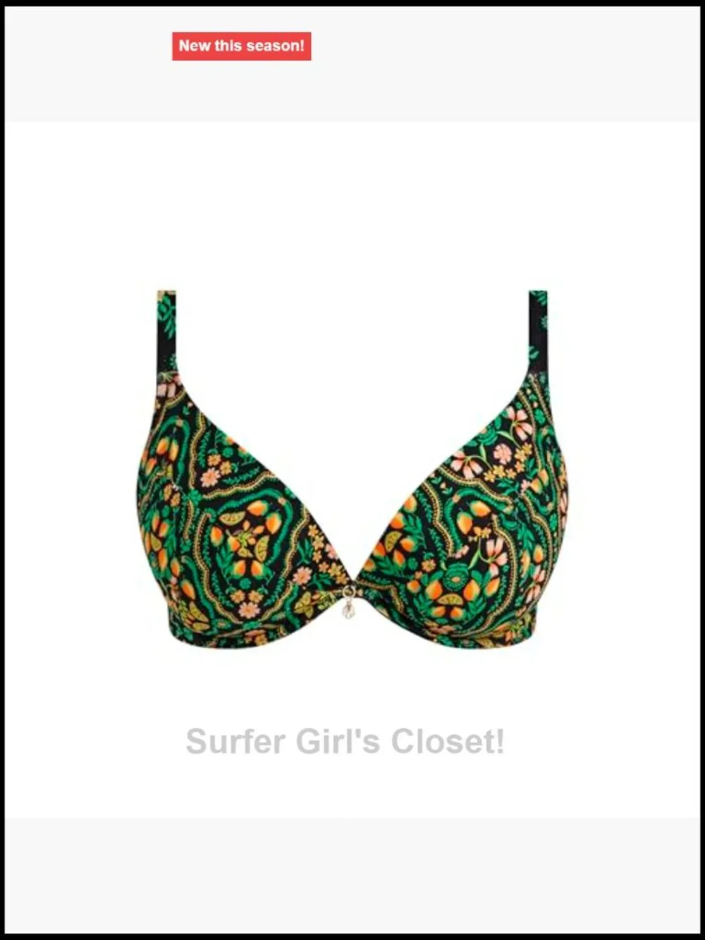 Underwire Plunge Bikini Top with Gold Leaf Trim - Size 32D